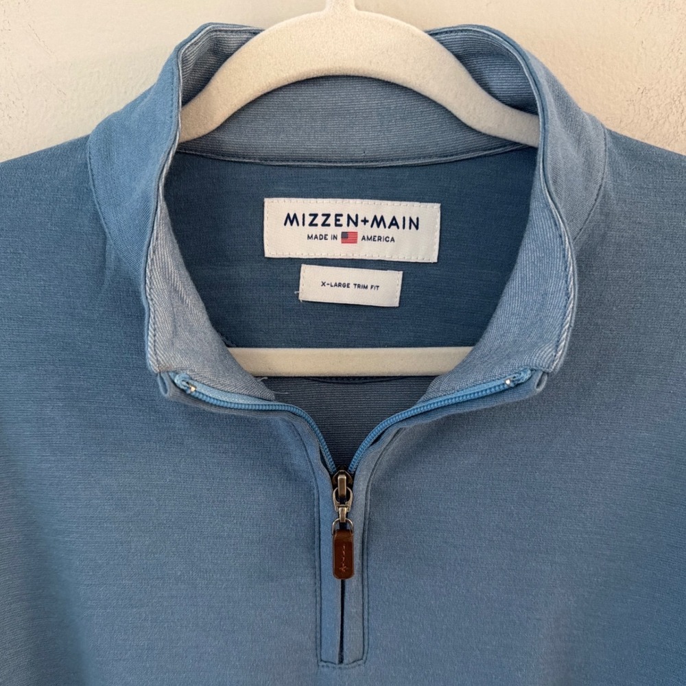 Mizzen+Main Mens XL Trim Fit Blue Quarter Zip Pullover‎ Long Sleeve Made in USA